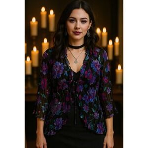 Whimsigoth Dark Fairy 1X Semi Sheer Purple Black Pink Floral Ruffle Kimono Shrug
